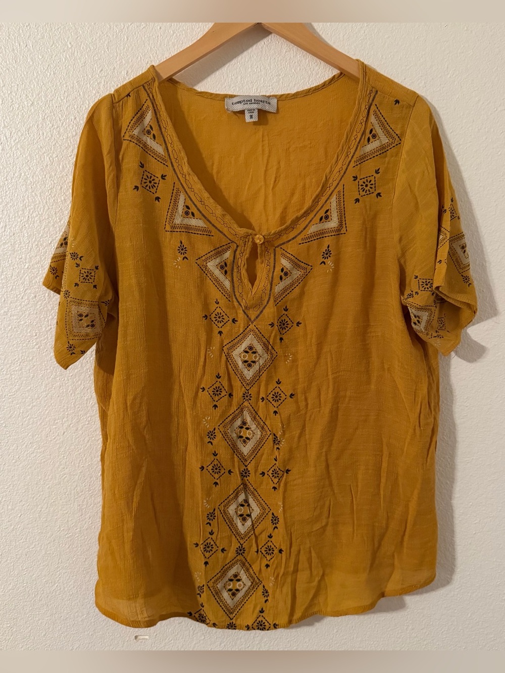 Tempted Hearts Blouse 1X Plus Embroidered Peasant Top Mustard Yellow